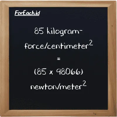 85 kilogram-force/centimeter<sup>2</sup> setara dengan 8335600 newton/meter<sup>2</sup> (85 kgf/cm<sup>2</sup> setara dengan 8335600 N/m<sup>2</sup>)